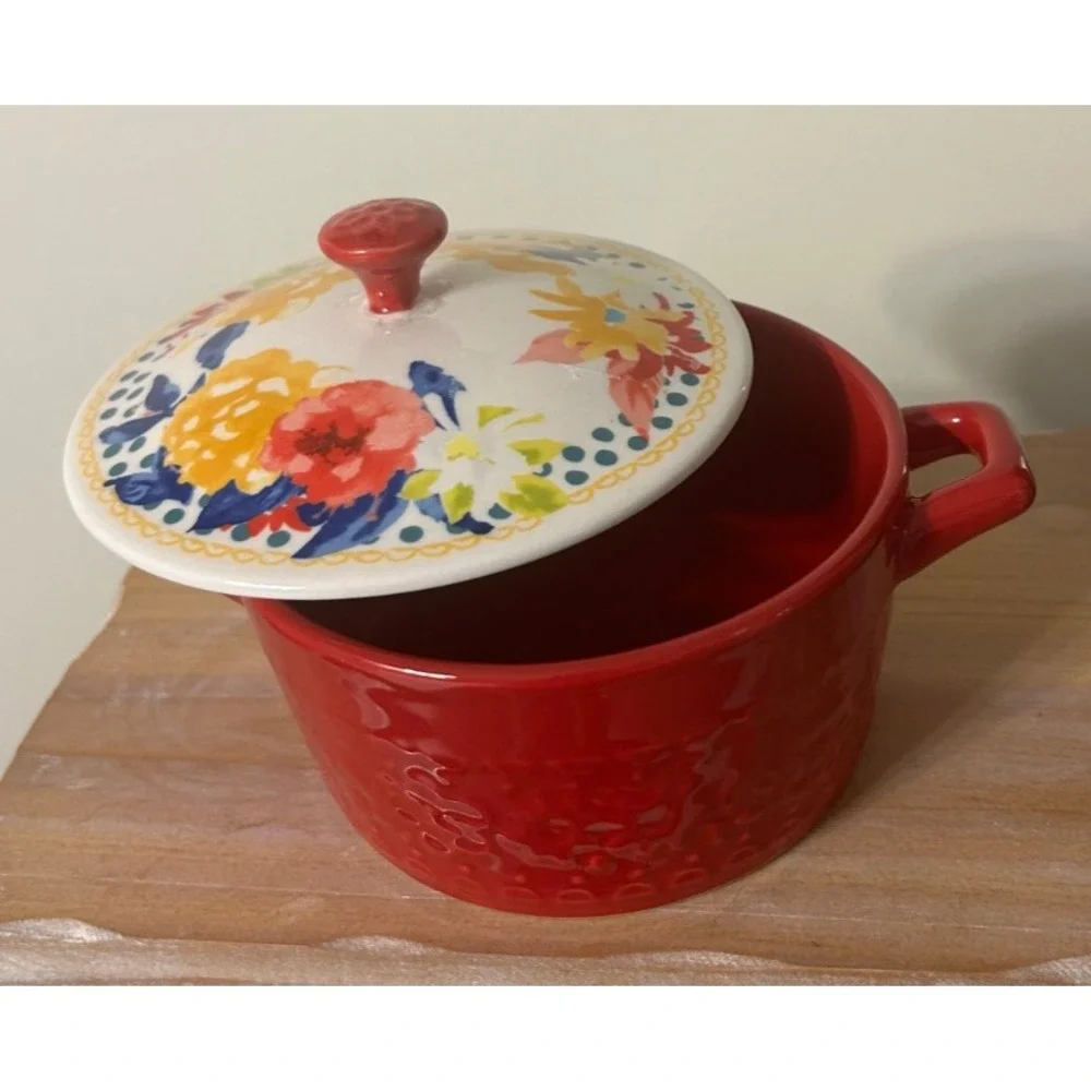 Pioneer Woman Fiona Floral Mini Casserole Dish w/Lid Red 14.4 oz Stoneware
